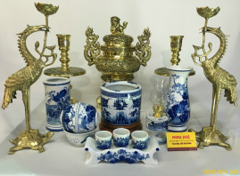 Bộ đồ thờ - Đỉnh đồng vàng & Men xanh LL