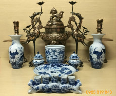 Bộ đồ thờ - Đỉnh đồng đỏ & Men lam ngọc cao cấp