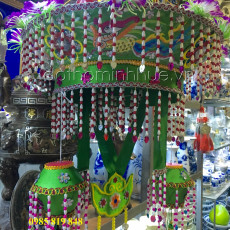 Nón Mẫu Xanh 46 - Vải lụa thêu nổi, 2 quả đèn lồng